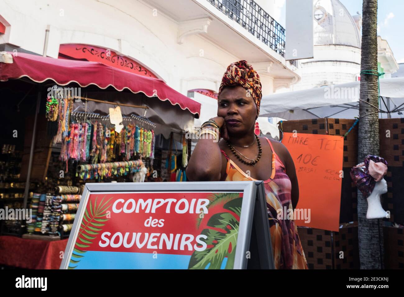 Market street in Guadalupe, French Antilles Stock Photo