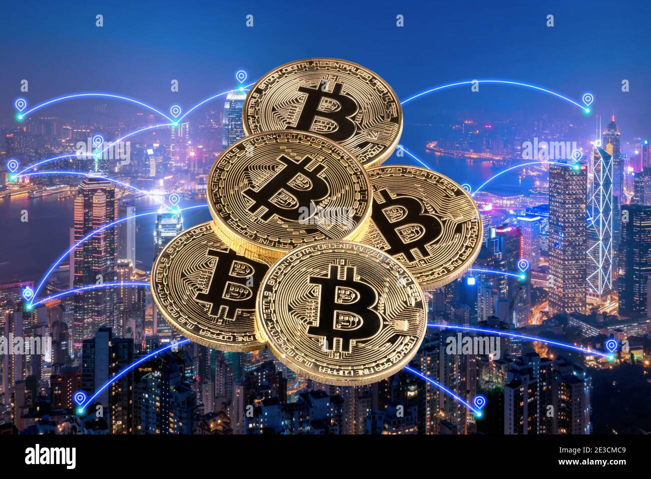 Bitcoin trading with smart city communication network and internet  of things for Cryptocurrency and money investing concept. Stock Photo
