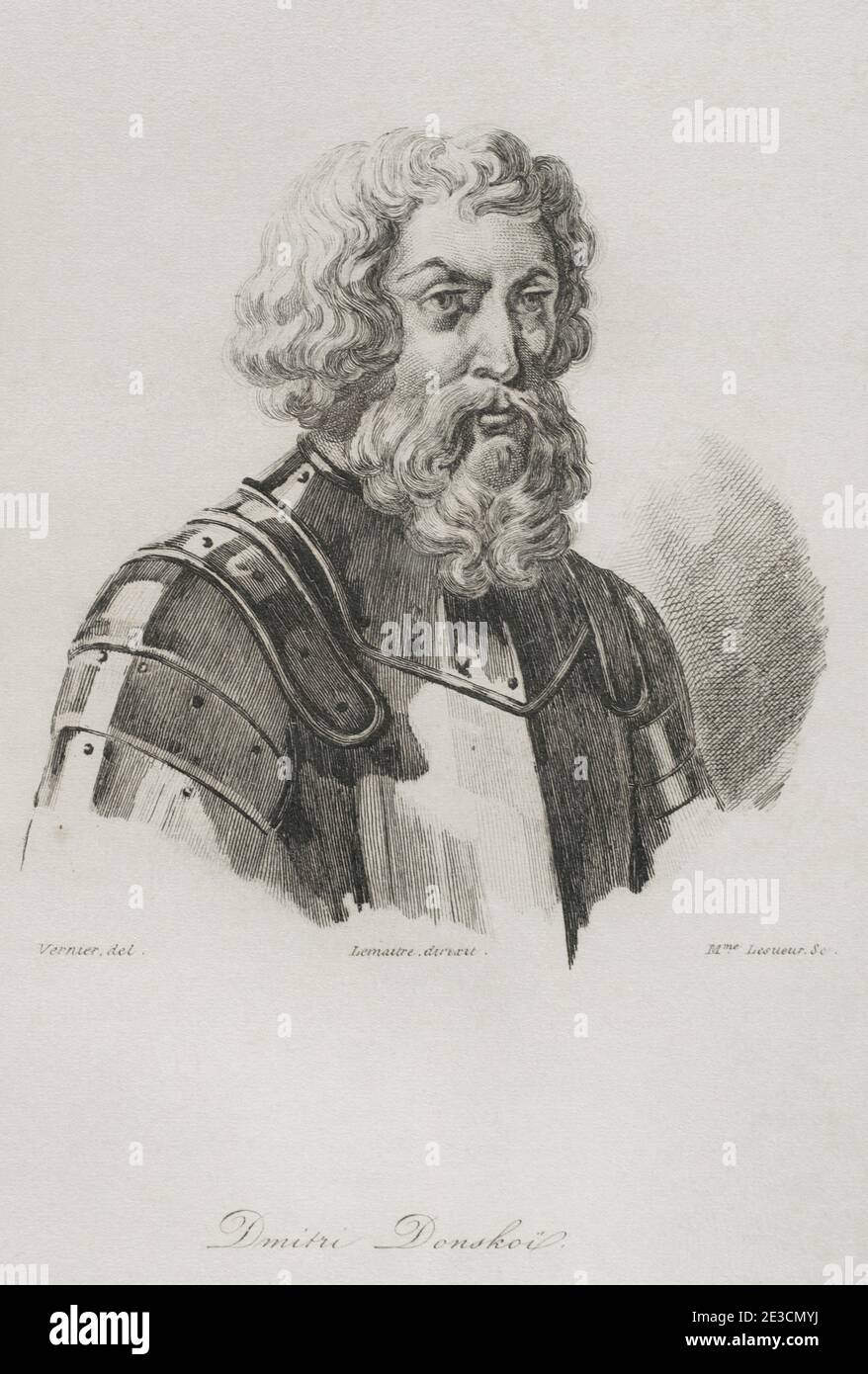 Dmitry Ivanovich Donskoy (1350-1389). Prince of Moscow from 1359 and Grand Prince of Vladimir from 1363 to 1389. Portrait. Engraving by Lemaitre, Vernier and Lesueur. History of Russia by Jean Marie Chopin (1796-1870). Panorama Universal, Spanish edition, 1839. Stock Photo