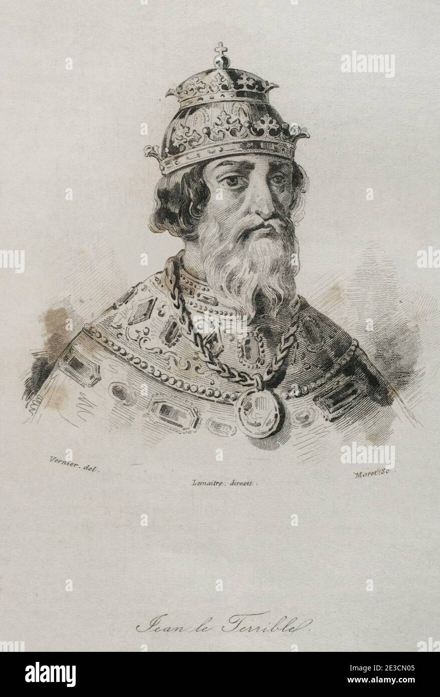 Ivan IV Vasilyevich (1530-1584), known as Ivan the Terrible. Grand Prince of Moscow (1533-1547) and Tsar of All the Russias (1547-1584). Portrait. Engraving by Lemaitre, Vernier and Moret. History of Russia by Jean Marie Chopin (1796-1870). Panorama Universal, Spanish edition, 1839. Stock Photo