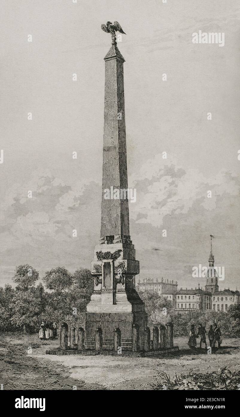 Obelisk in Poltava. It commemorates the defeat of Charles XII of Sweden by Peter the Great. Poltava (present day Ukraine). Engraving by Lemaitre, Danvin and Alfred. History of Russia by Jean Marie Chopin (1796-1870). Panorama Universal, Spanish edition, 1839. Stock Photo