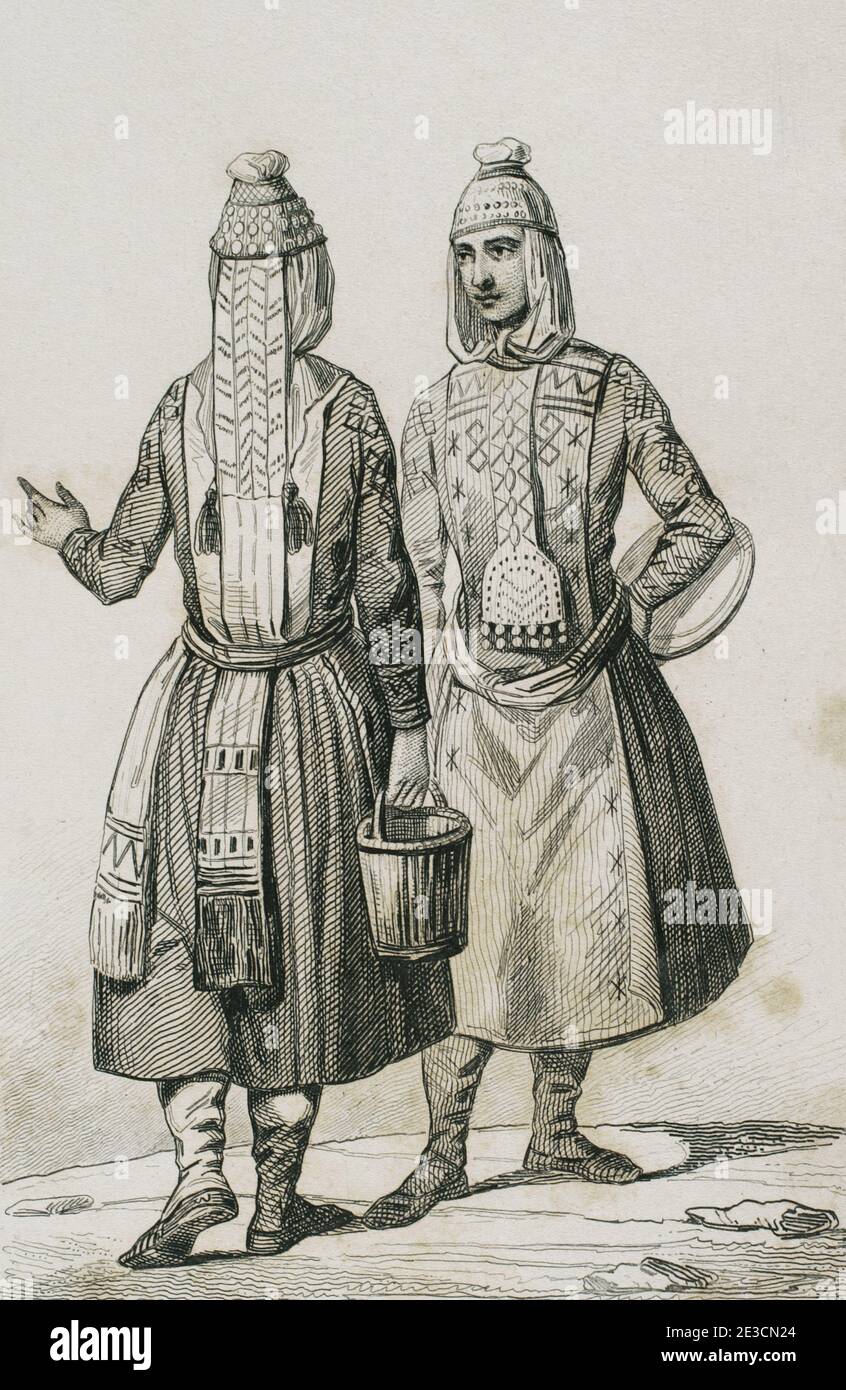 Chuvash people. Turkic ethnic group, native to an area stretching from the Volga Region to Siberia. The Chuvash people wearing traditional clothing. Engraving by Lemaitre, Vernier and Monnin. History of Russia by Jean Marie Chopin (1796-1870). Panorama Universal, Spanish edition, 1839. Stock Photo