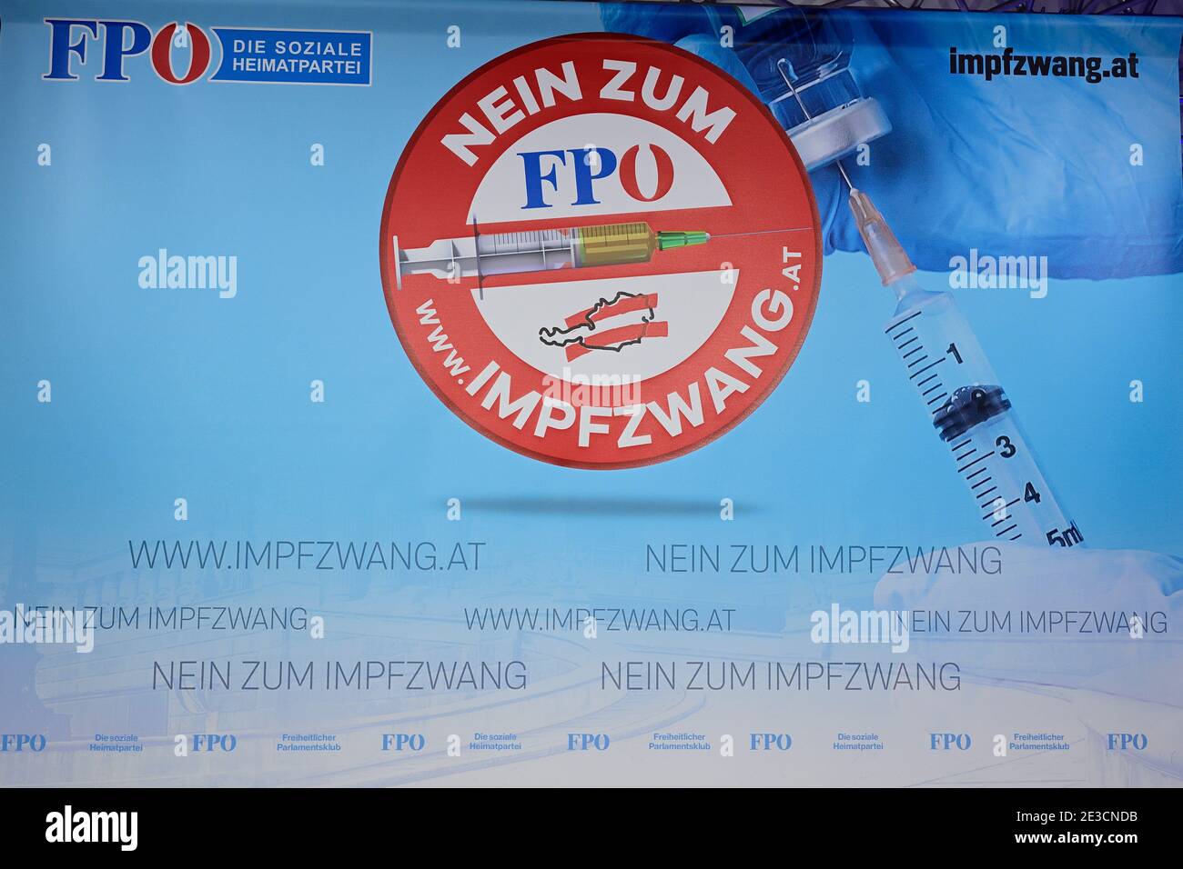 Vienna, Austria. 18th Jan, 2021. Press conference with FPÖ club chairman Herbert Kickl and Education spokesman Hermann Brückl. The topics are the corona compulsory measures and the situation at schools. Poster with the inscription 'No to compulsory vaccination' Stock Photo