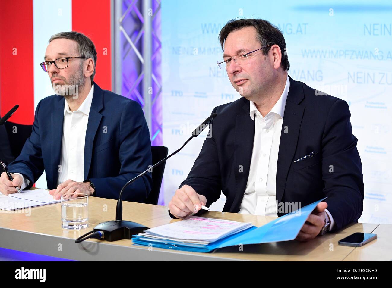 Vienna, Austria. 18th Jan, 2021. Press conference with FPÖ club chairman Herbert Kickl (L) and Education spokesman Hermann Brückl (R). The topics are the corona compulsory measures and the situation at schools. Stock Photo