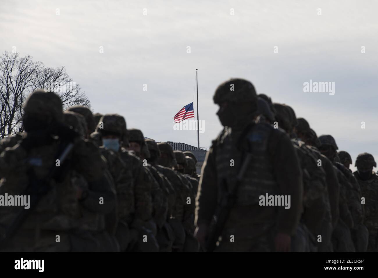 Washington, United States. 18th Jan, 2021. Members of the US National Guard arrive as the US Capitol goes into lockdown from a security breach during the dress rehearsal for the 59th inaugural ceremony for President-elect Joe Biden and Vice President-elect Kamala Harris at the U.S. Capitol on January 18, 2021 in Washington, DC. Biden will be sworn-in as the 46th president on January 20th. Pool Photo by Rod Lamkey/UPI Credit: UPI/Alamy Live News Stock Photo