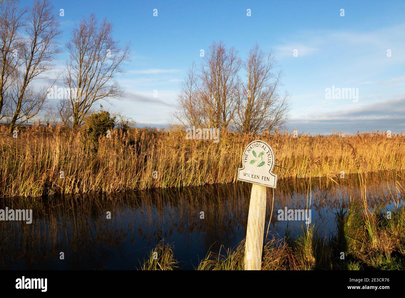 Wicken Fen; National Trust sign at the entrance to Wicken Fen from Burwell Fen, East Anglia, Cambridgeshire UK Stock Photo