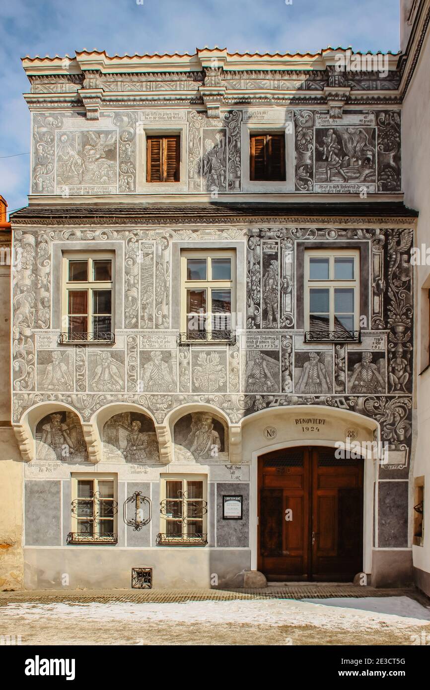 Slavonice, Czech republic - March 4, 2018. A small charming town in South Bohemia.Facades with richly decorated sgraffiti,fresco paintings.Renaissance Stock Photo