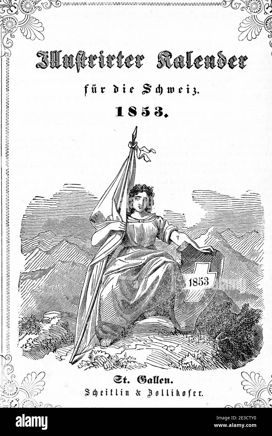Swiss Calendar with the months of the year and coreesponding motives, St. Gallen Switzerland 1853 Stock Photo