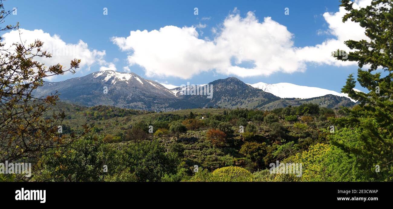 Picturesque view of the mountains in Crete, Greece framed by foliage in the Spring with snow on the peaks Stock Photo