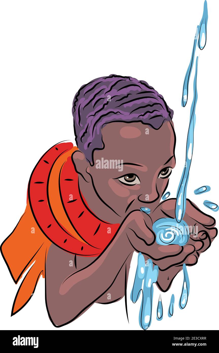 African young kid drinking fresh water on savanna, East Africa stock illustration Stock Vector