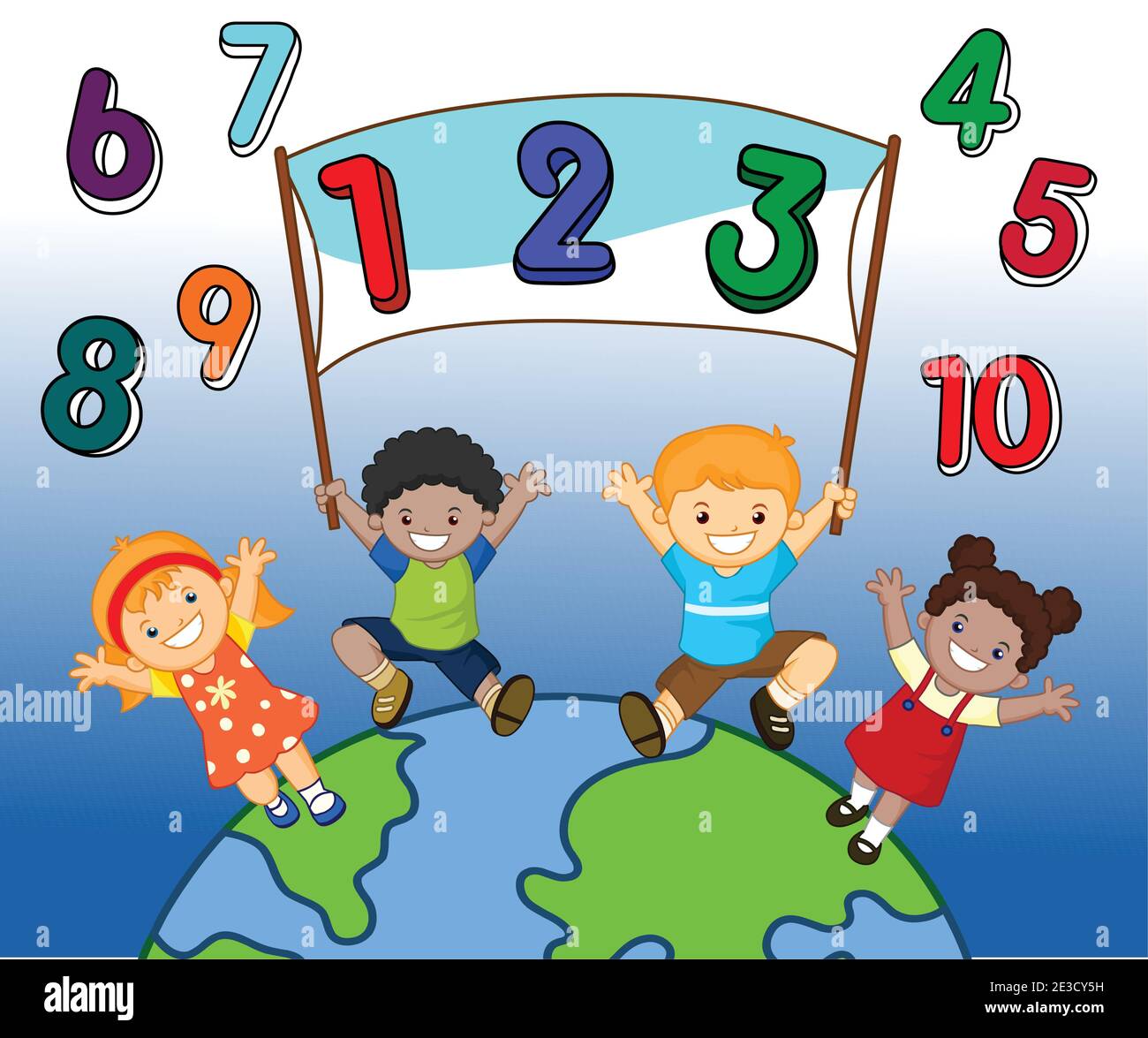 Happy Kids Cartoon illustration , Kids around globe holding a banner ...