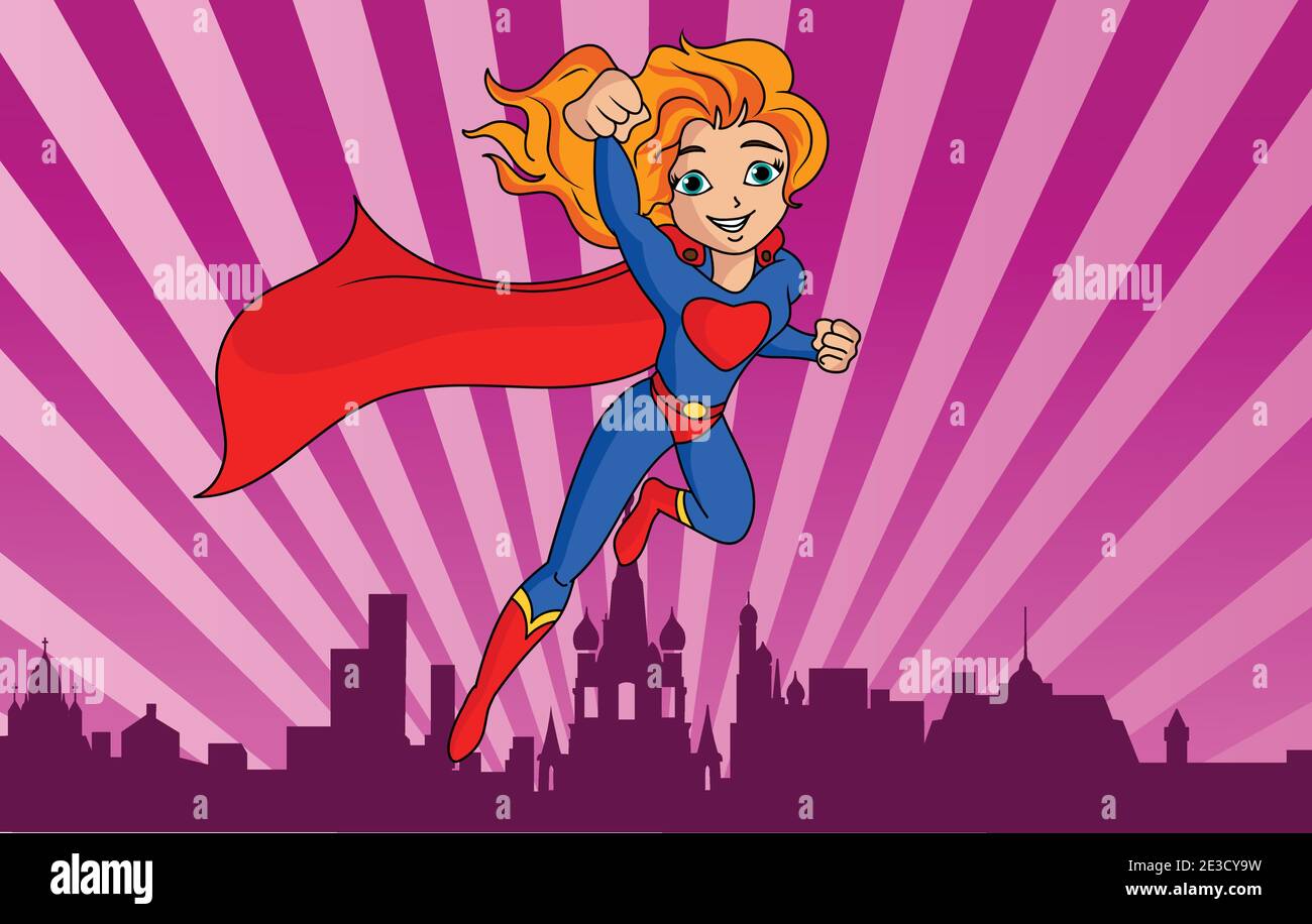 Superhero woman in flight. Attractive young Caucasian woman wearing superhero costume Stock Vector