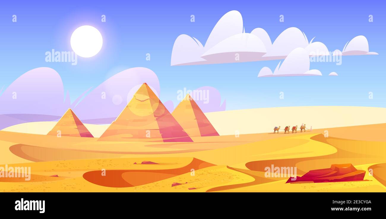 Egypt desert landscape with pyramids and camels caravan. Egyptian ancient architecture at golden sand dunes under blue cloudy sky and bedouins waking on horizon in Sahara, cartoon vector illustration. Stock Vector