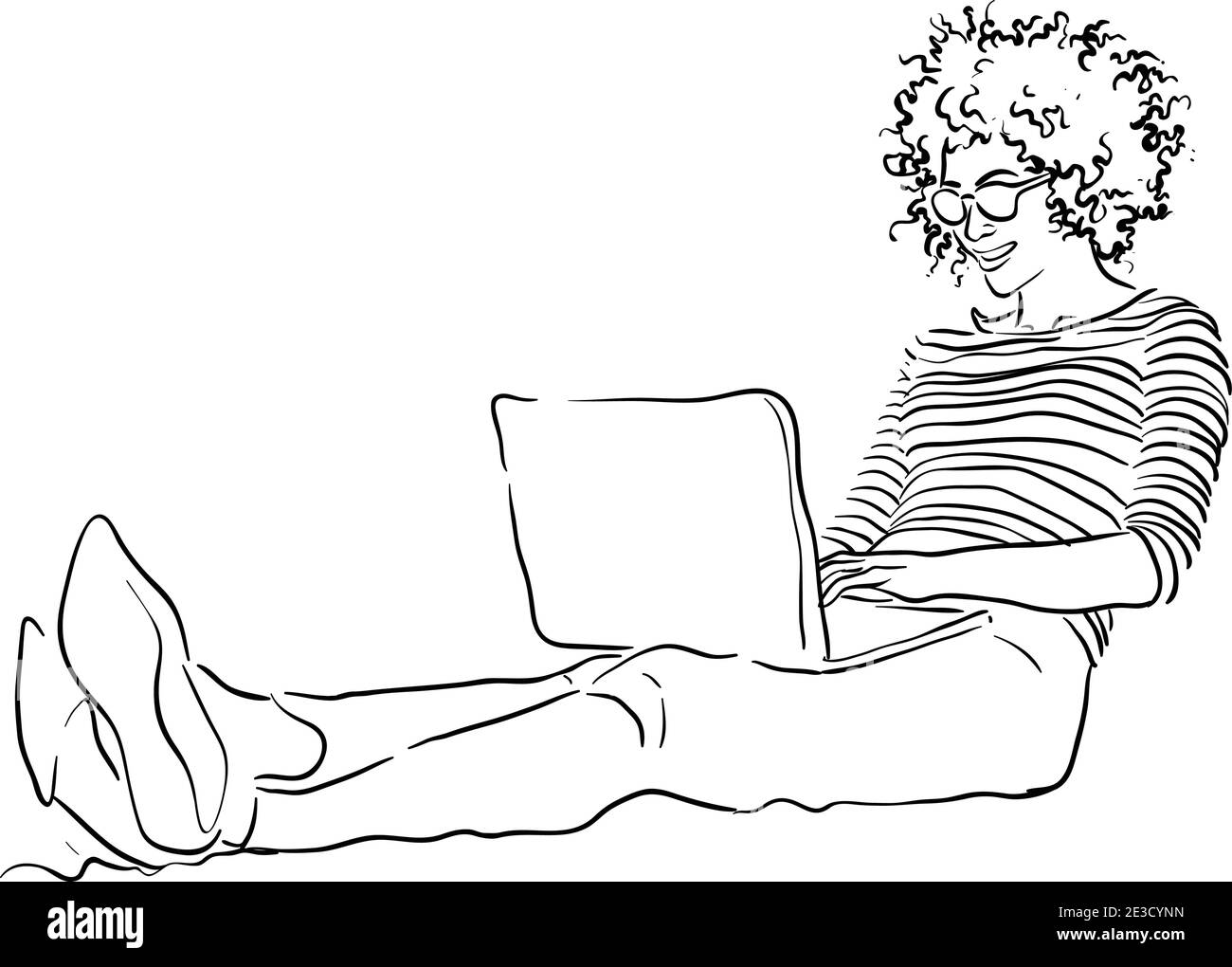 Girl sitting on the bed and working with laptop Stock Vector Image ...
