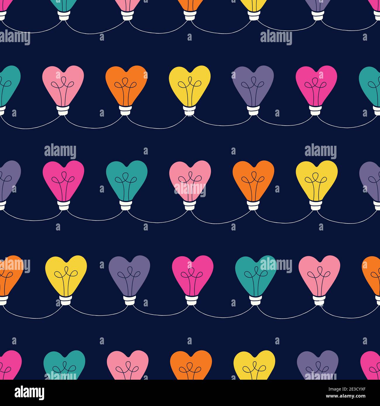 Multi-colored Valentine's Day Holiday Intertwined Heart Shape String Lights on Dark Background Vector Seamless Pattern Stock Vector
