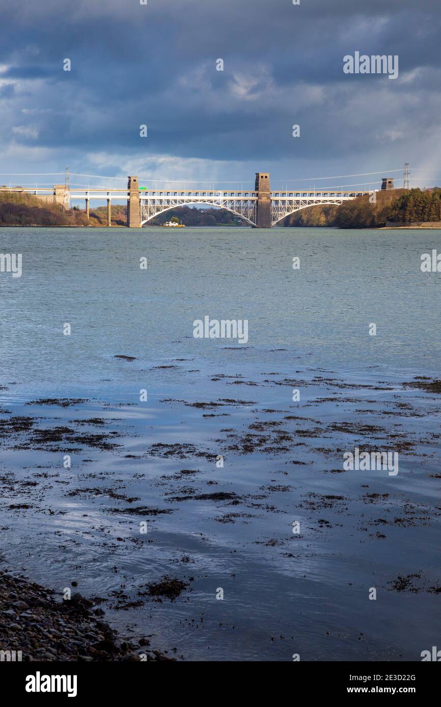 Looking east towards the Britannia Bridge over the the Menai Strait in winter, Anglesey, Wales Stock Photo