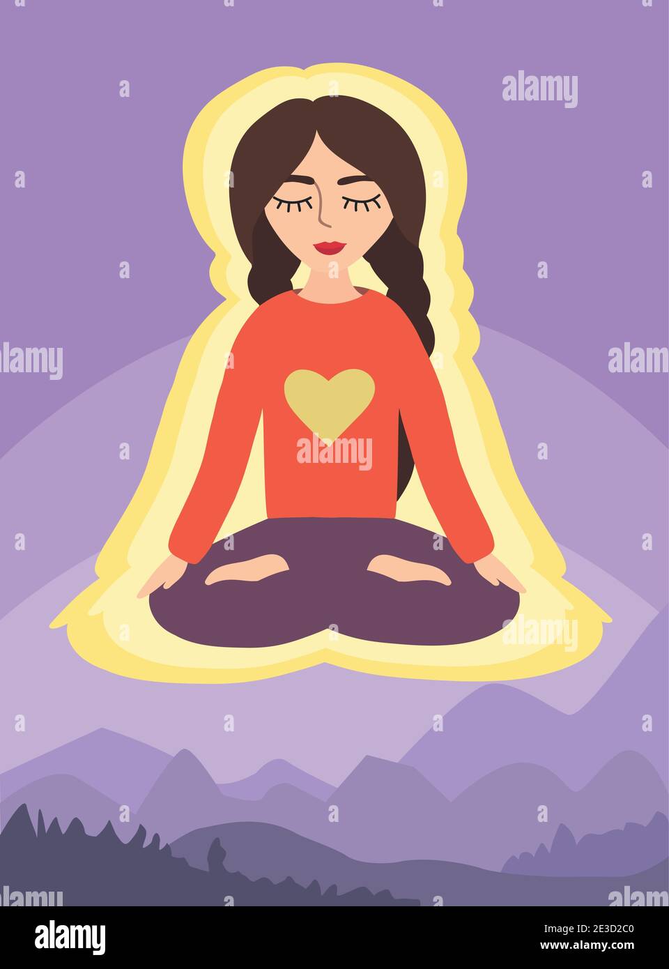 Girl in the lotus position on the background of mountain landscape ...