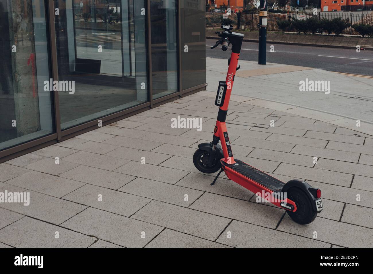 Birmingham, UK - January 17, 2021: VOI rental electric scooter on a street in Birmingham, UK. The e-scooters are available in Birmingham and Coventry Stock Photo
