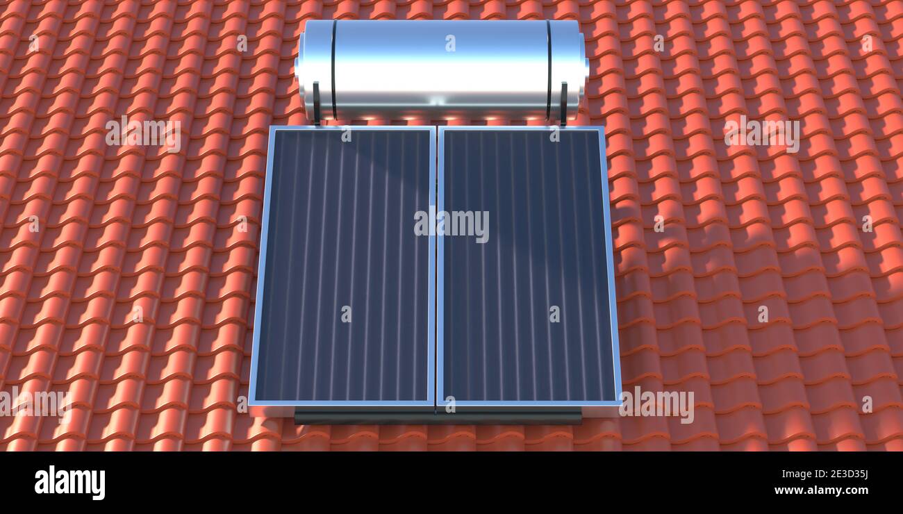 Solar water heating system on red tiles roof background. Panels, boiler heater collector, house renewable energy source concept. 3d illustration Stock Photo