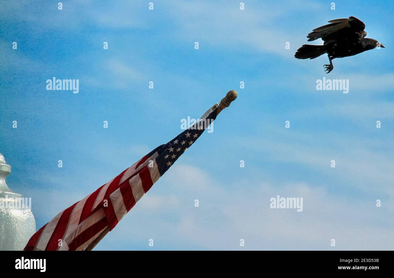 Taking off. Leaving the flag, Washington D.C. Stock Photo