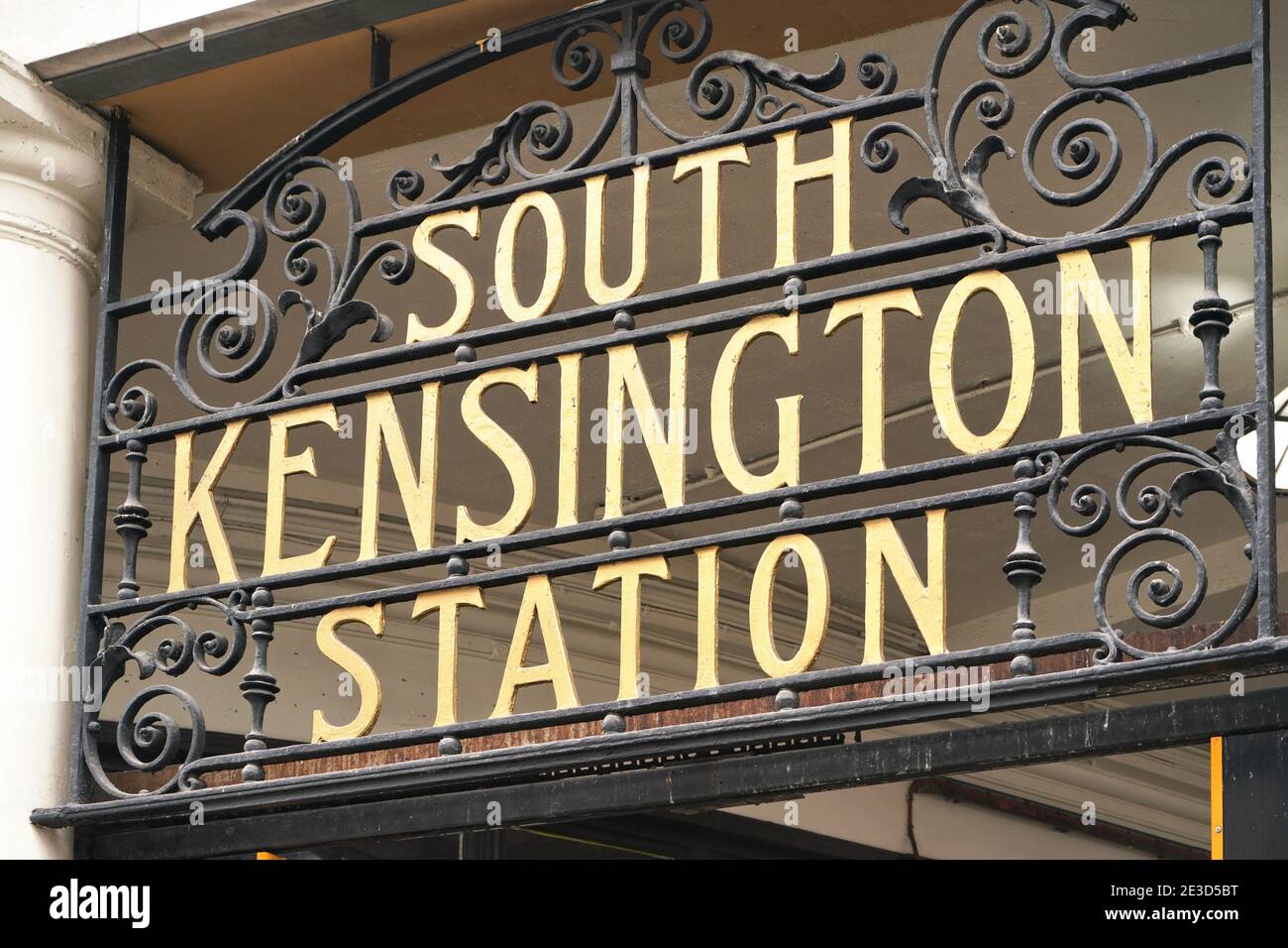 South Kensington station sign at the entrance to London underground station Stock Photo