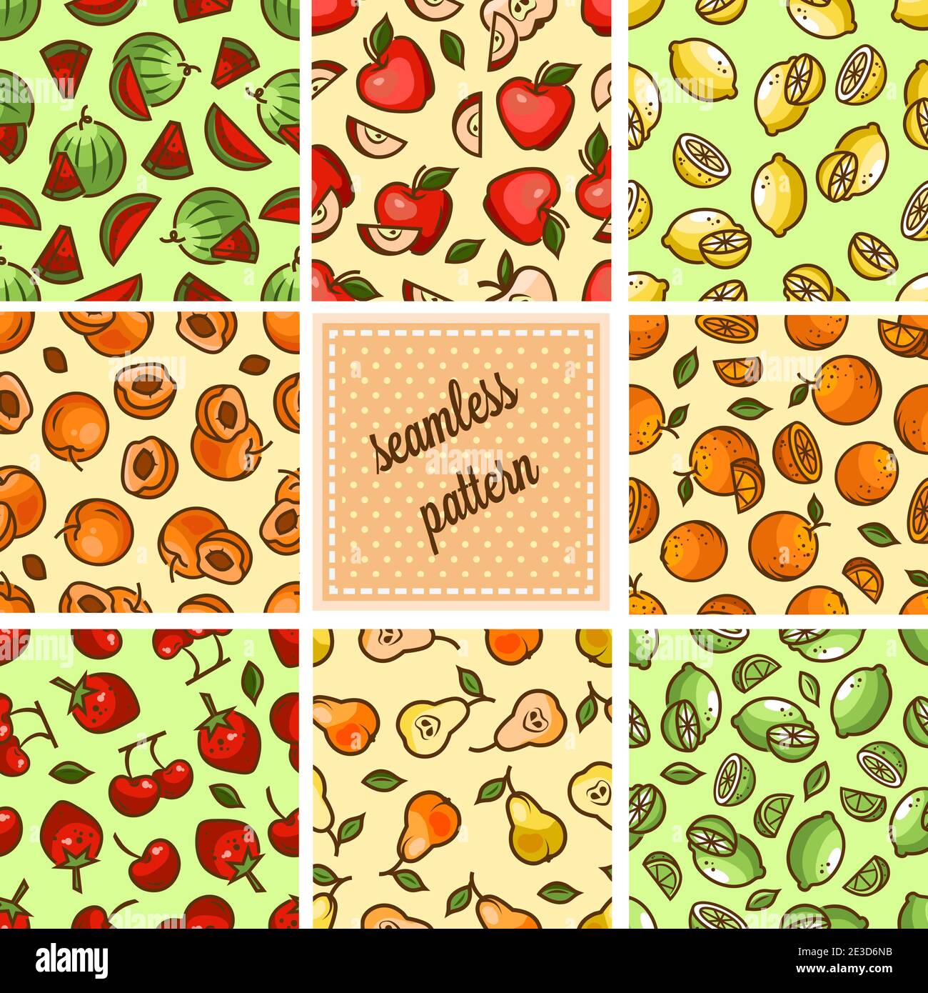Seamless fruit backgrounds set. Vector illustration. Funny fruit. Cute Seamless Patterns. Stock Vector
