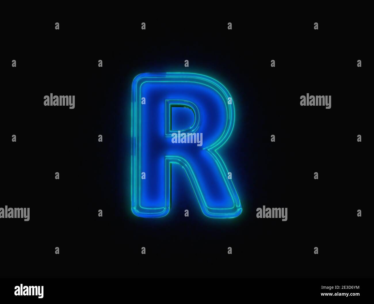 Blue - green neon light glow glassy clear font - letter R isolated on ...