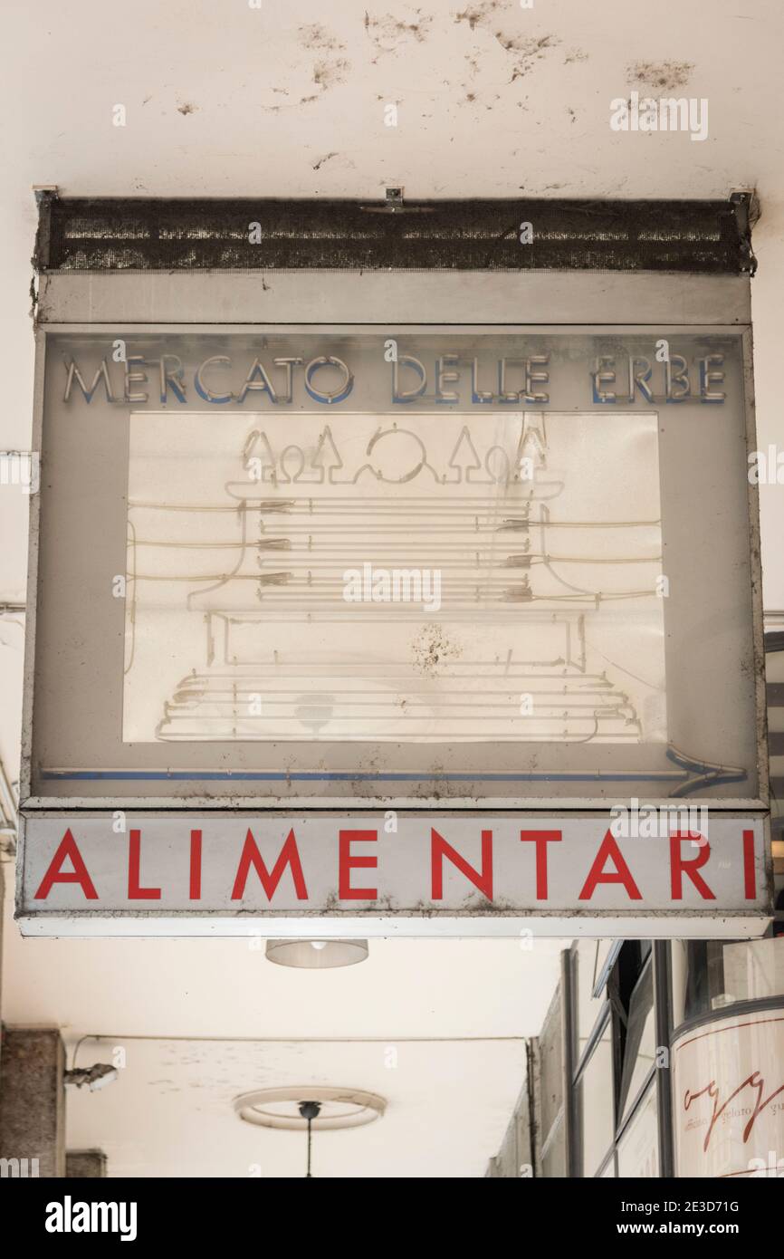 The sign for the Mercato delle herbe food market in Bolgona Italy Stock Photo