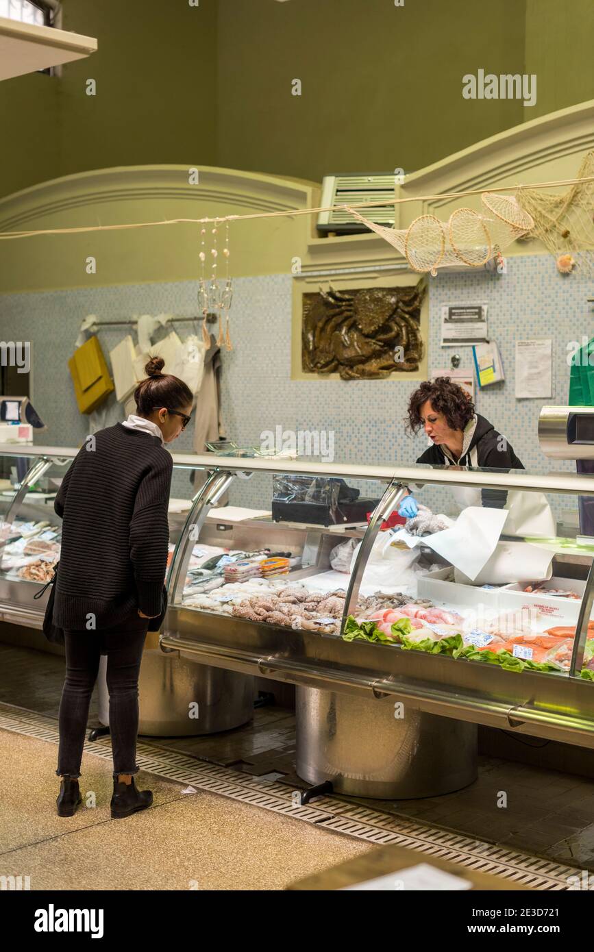 A fishmongers stall in the food market in Bologna Italy Stock Photo