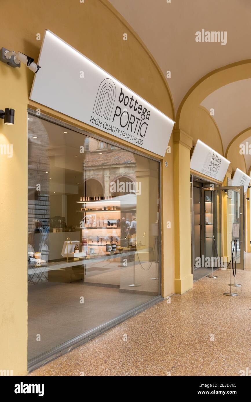 Bottega Portici Italian Food shop in a portico in Bologna Italy Stock Photo