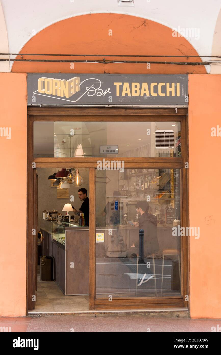 A corner bar and tabacchi or tobacconist shop in Bologna Italy Stock Photo