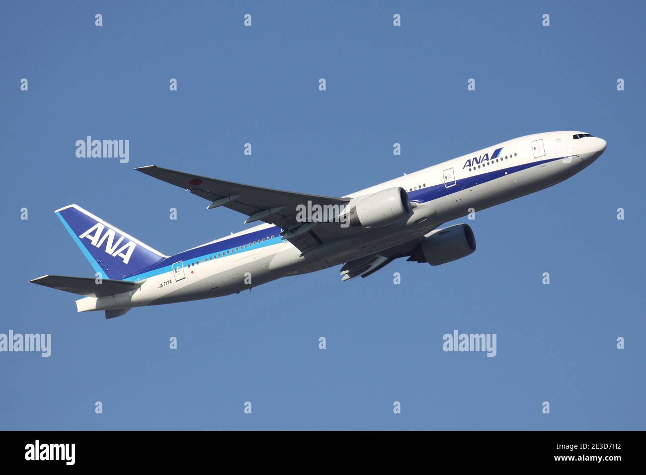 Japanese All Nippon Airways Boeing 777-200 with registration JA717A airborne at Frankfurt Airport. Stock Photo