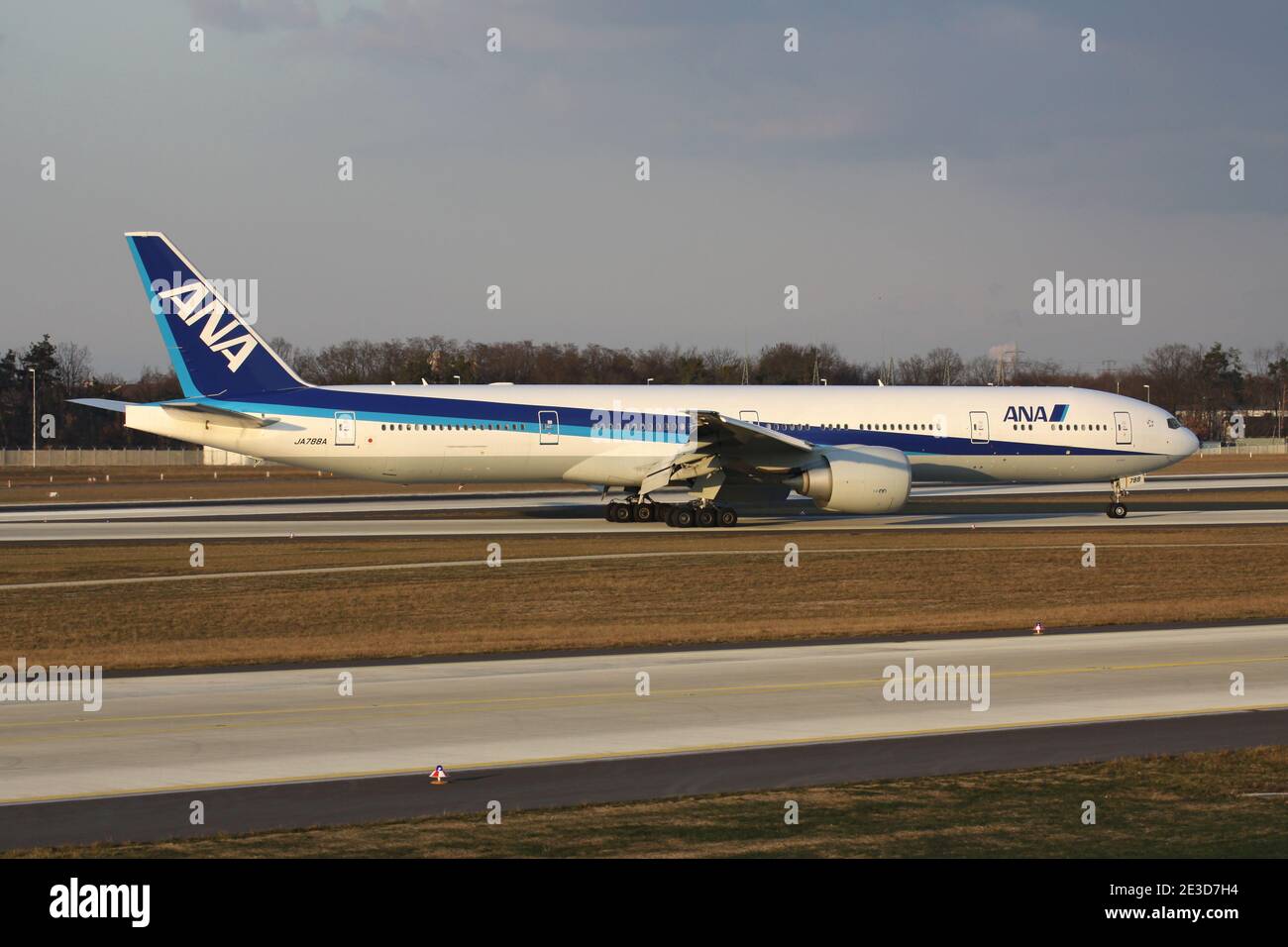 Japanese All Nippon Airways Boeing 777-300 with registration JA788A on taxiway at Frankfurt Airport. Stock Photo