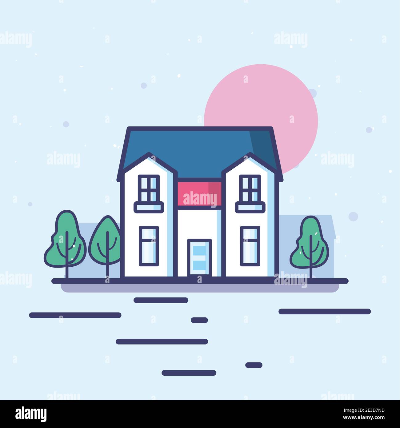 House and trees line and fill style icon design, Home real estate ...