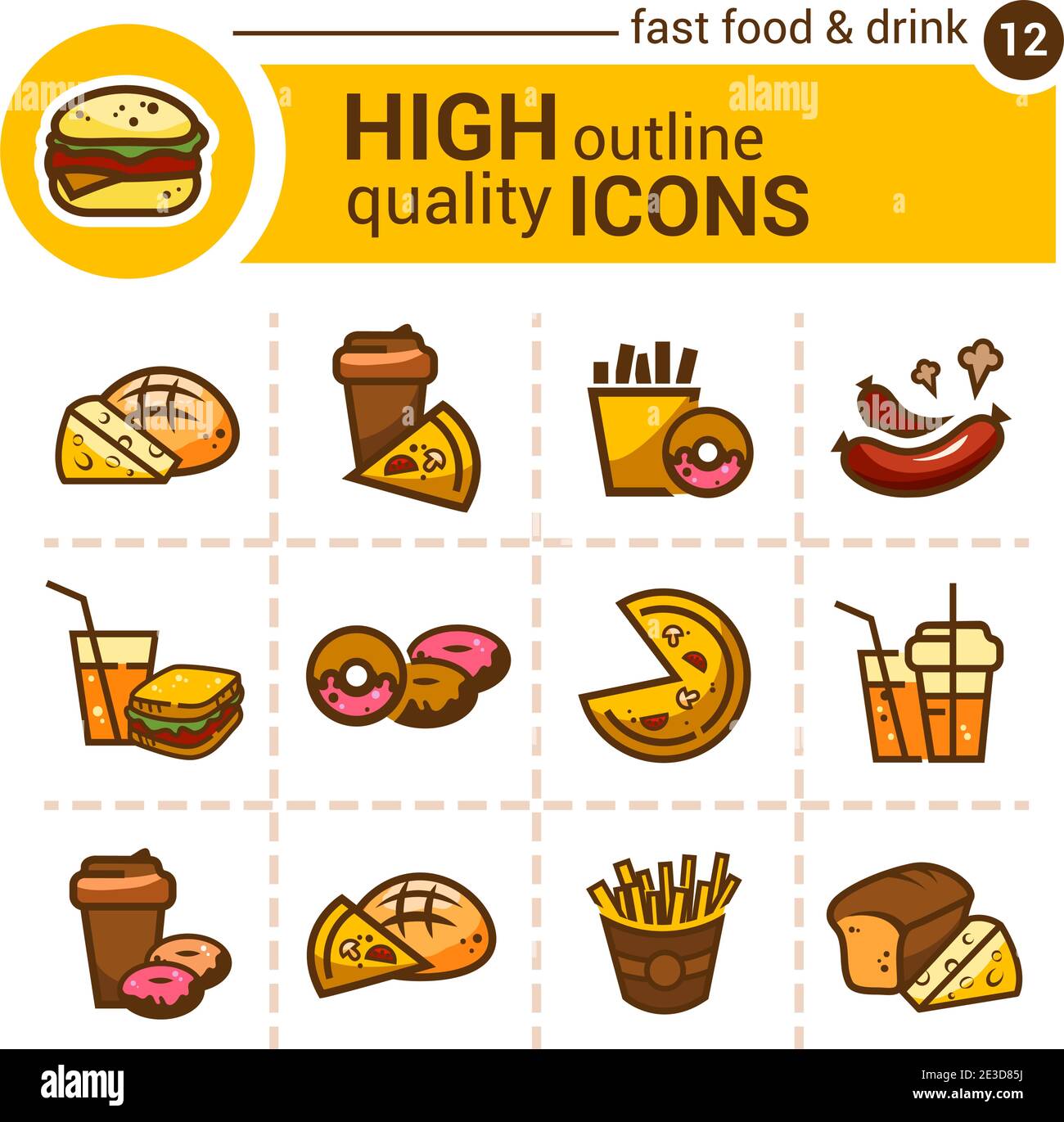 Color flat stickers and icons of fast food, vector set. Stock Vector