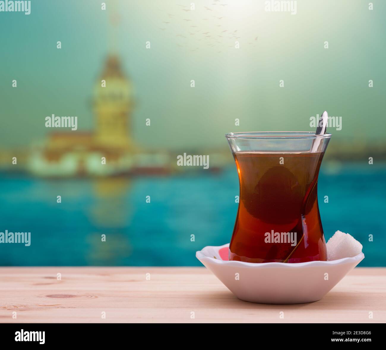 Turkish Tea on the table. Maiden's Tower in the background Stock Photo