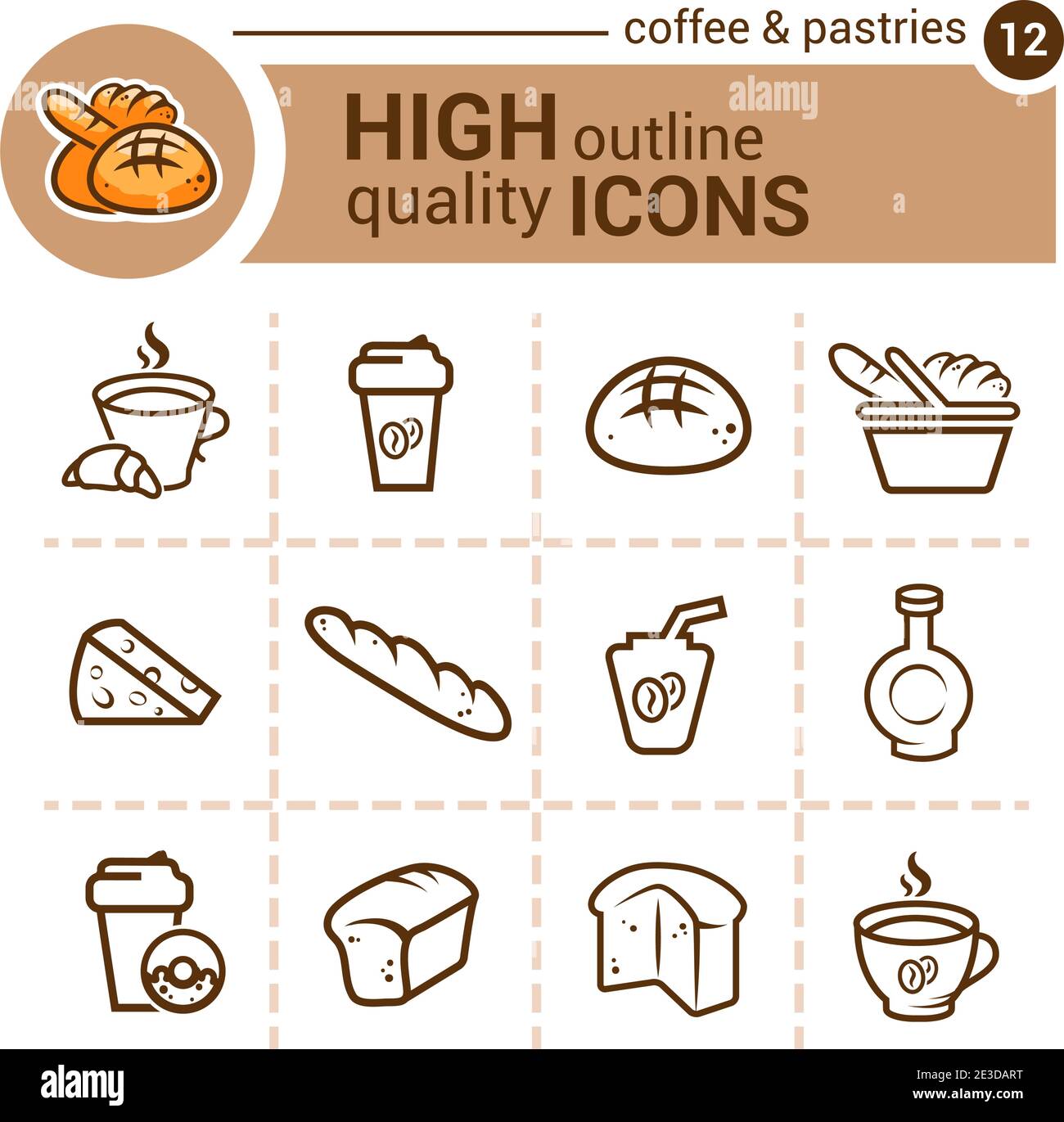 Line flat icons of coffee and pastrie, vector set Stock Vector Image ...