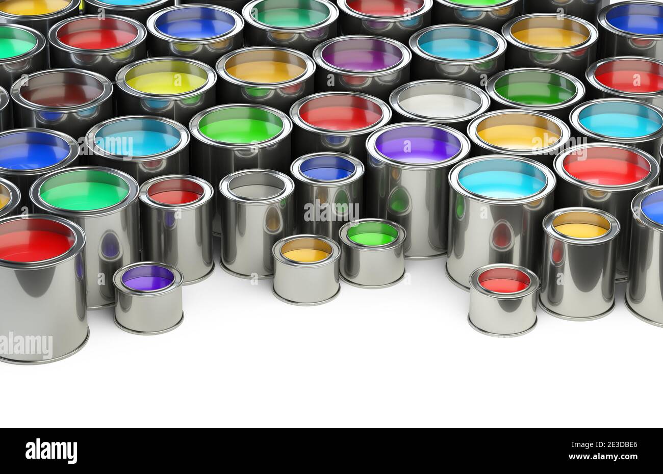 Open paint cans placed close to each other. Сolor palette concept. 3d