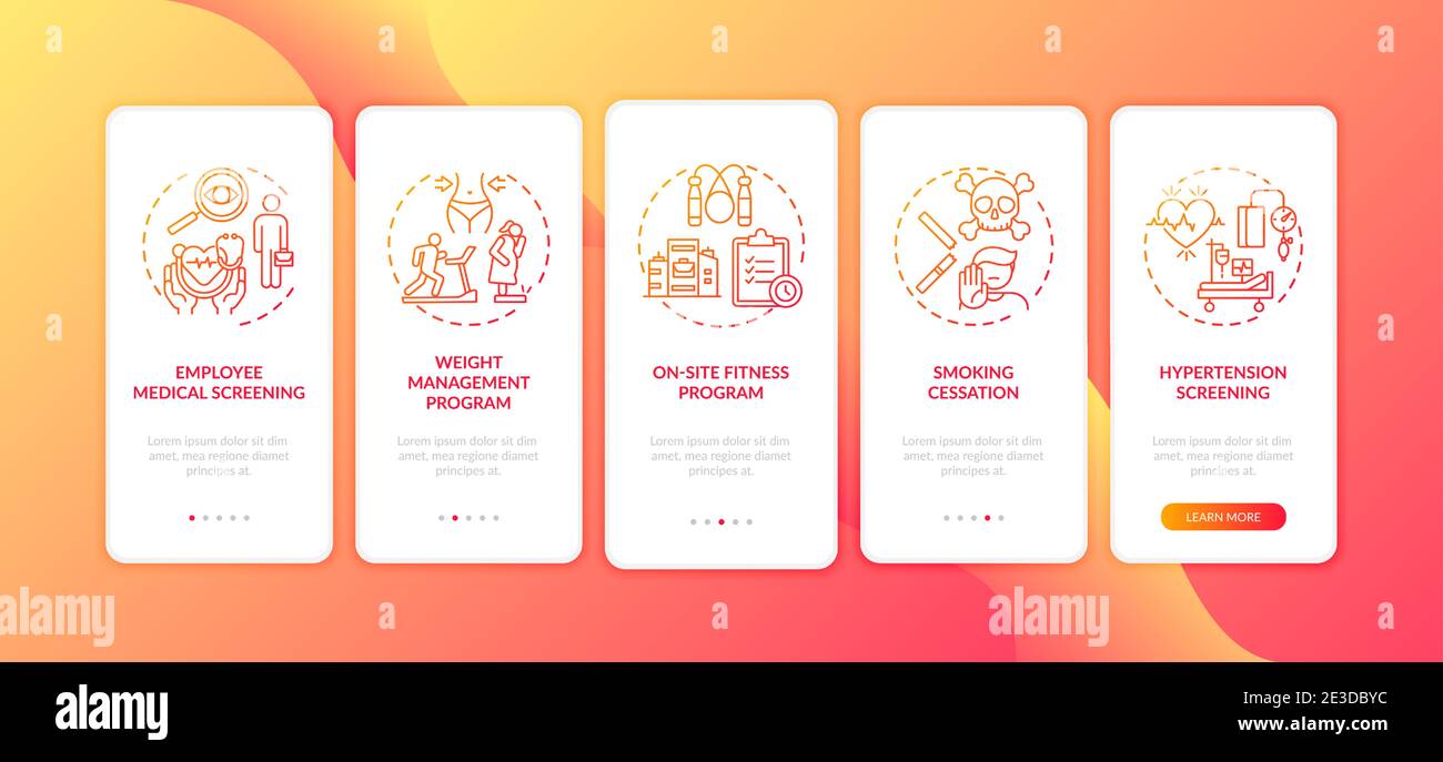 Workplace wellbeing programs onboarding mobile app page screen with concepts Stock Vector