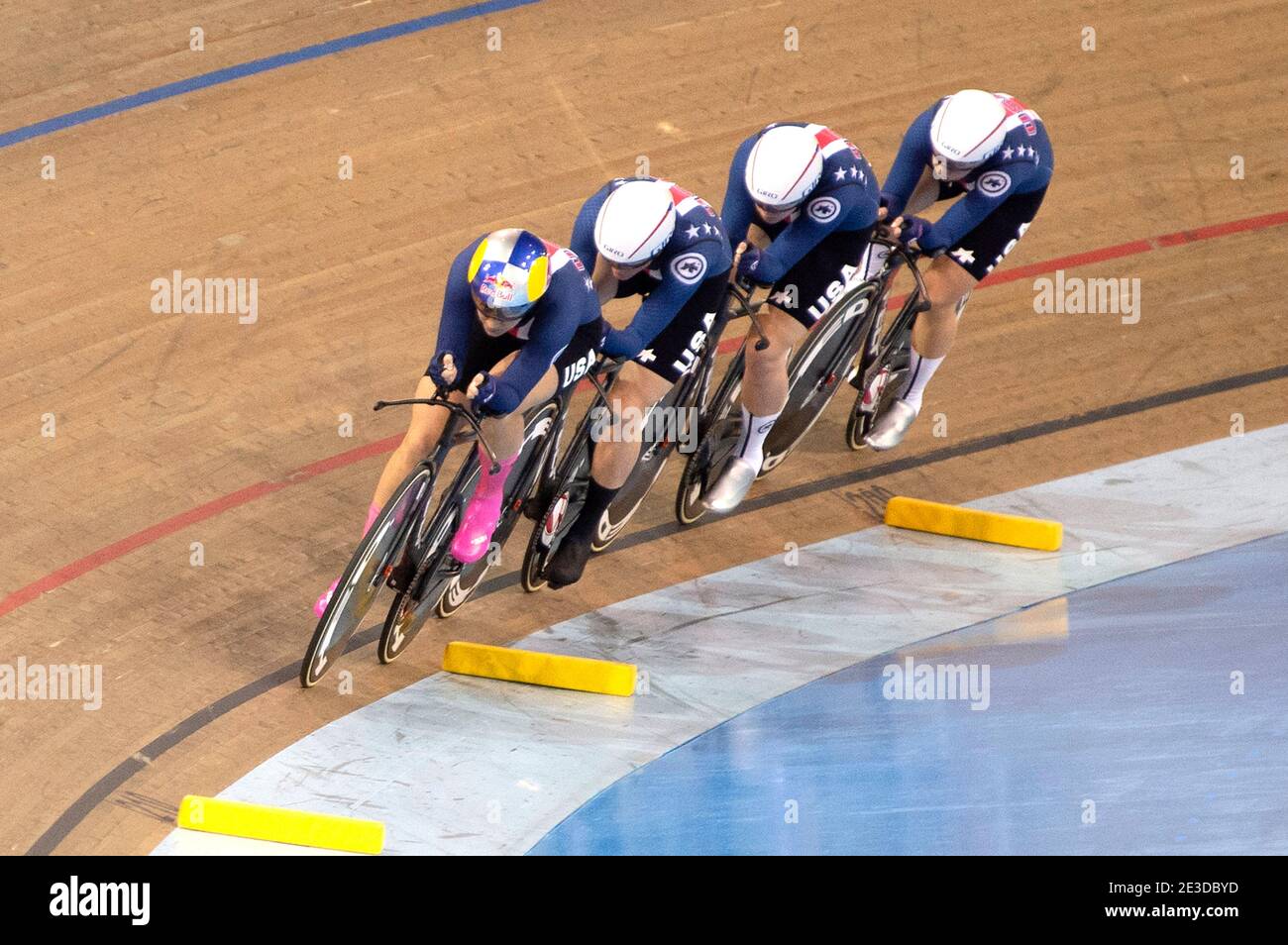 Chloe Dygert leads the USA women’s team pursuit at the UCI Track World Cup to a gold medal in MIlton, Canada, Jan. 24, 2020. Stock Photo