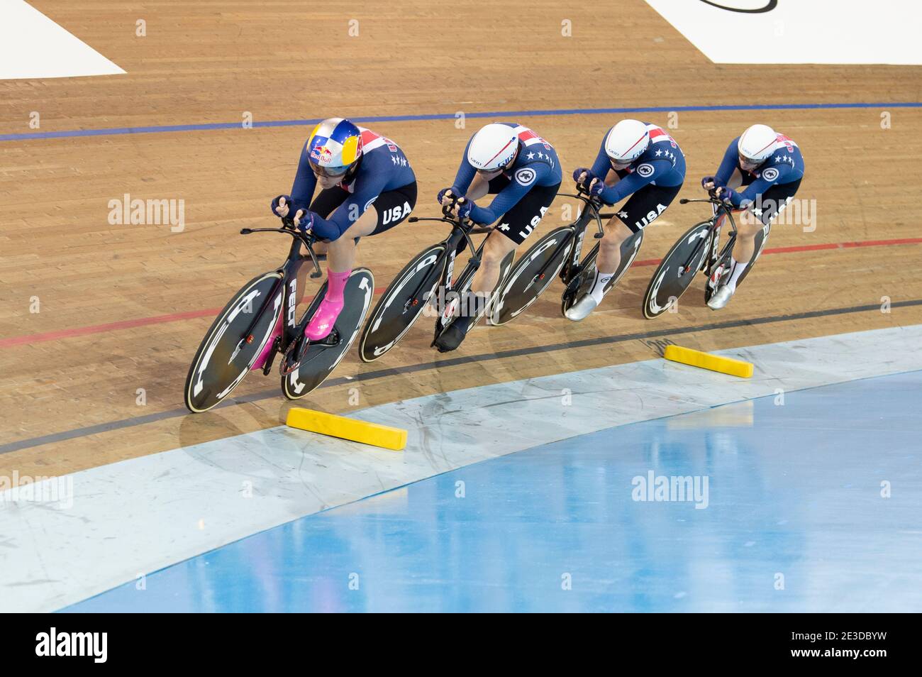 Chloe Dygert leads the USA women’s team pursuit at the UCI Track World Cup to a gold medal in MIlton, Canada, Jan. 24, 2020. Stock Photo