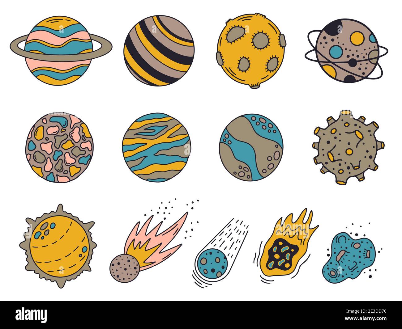 Doodle planets. Hand drawn universe planets and meteorites, cute solar system bodies. Cosmic elements vector background illustration Stock Vector