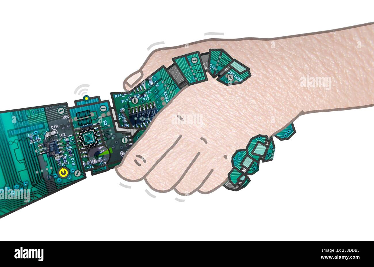 Hand drawn Robot and Human shaking Hands - collage Stock Photo