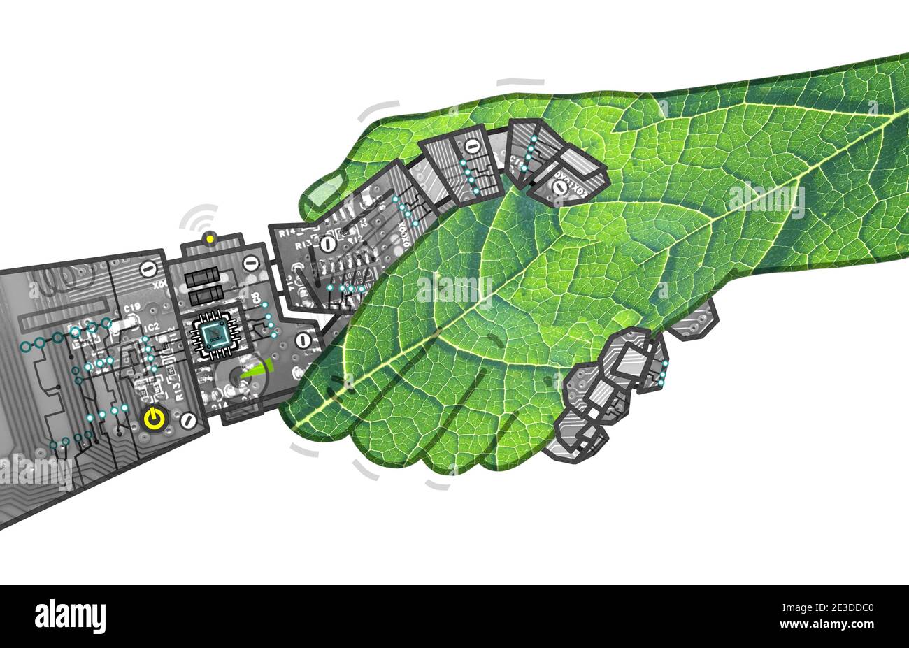 Hand drawn Robot and green Nature shaking Hands - collage Stock Photo