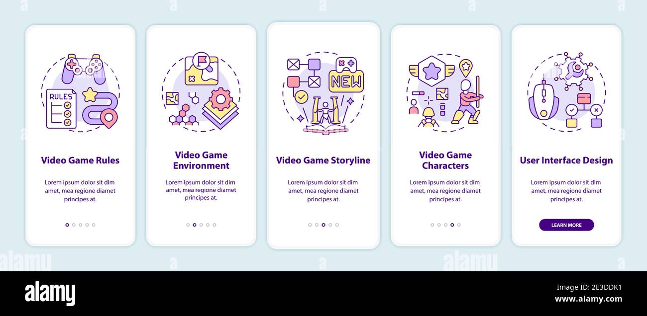 Video game design components onboarding mobile app page screen with concepts Stock Vector