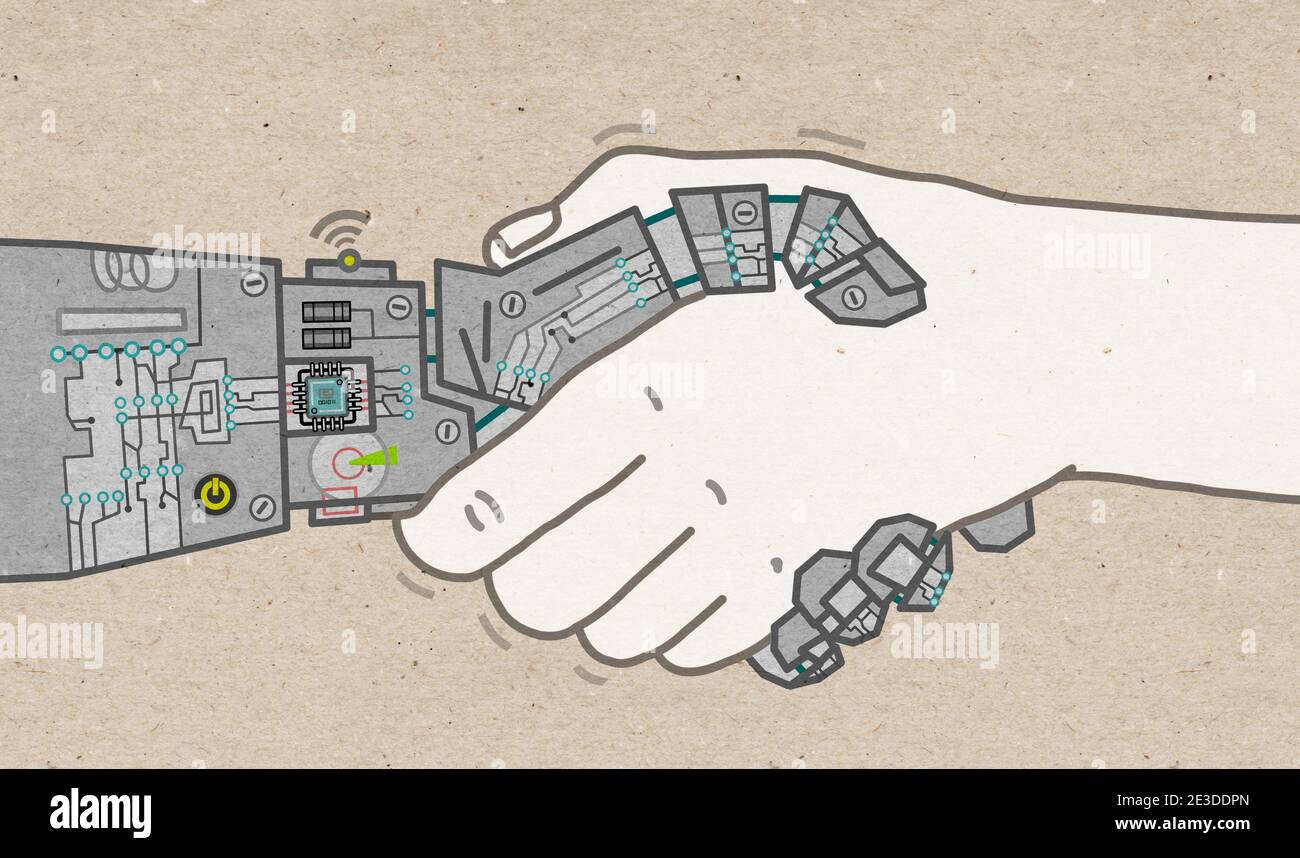 Hand drawn Robot and Human shaking Hands - textured paper Stock Photo