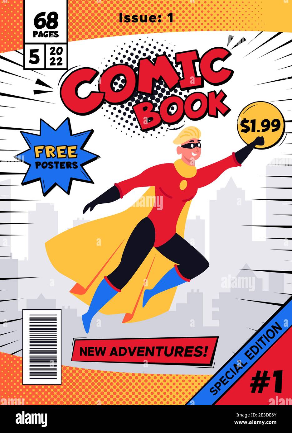 Comic book cover. Vintage magazine with male superhero character in action pose vector illustration. Retro comic book template Stock Vector