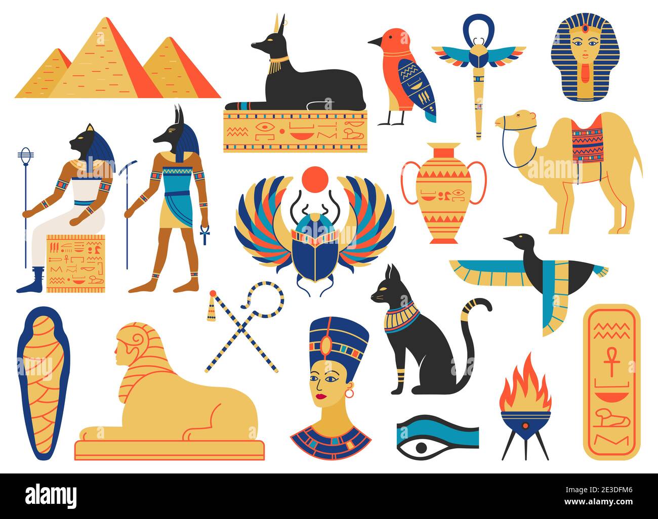 Ancient egypt symbols. Mythological creatures, egypt gods, pyramid and sacred animals. Egypt religion and mythology symbols vector illustration set Stock Vector