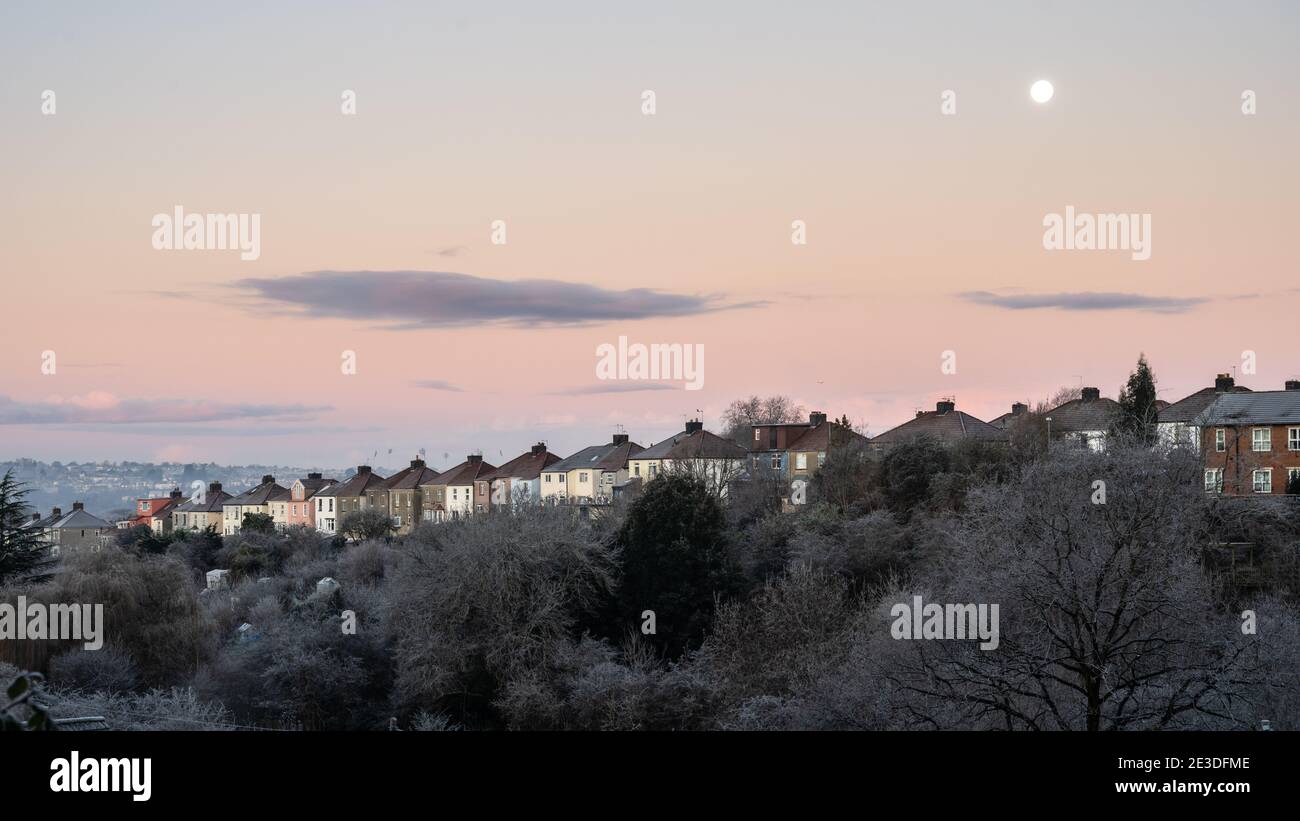 Frost covers trees and houses at Clay Bottom in the Eastville neighbourhood of Bristol. Stock Photo