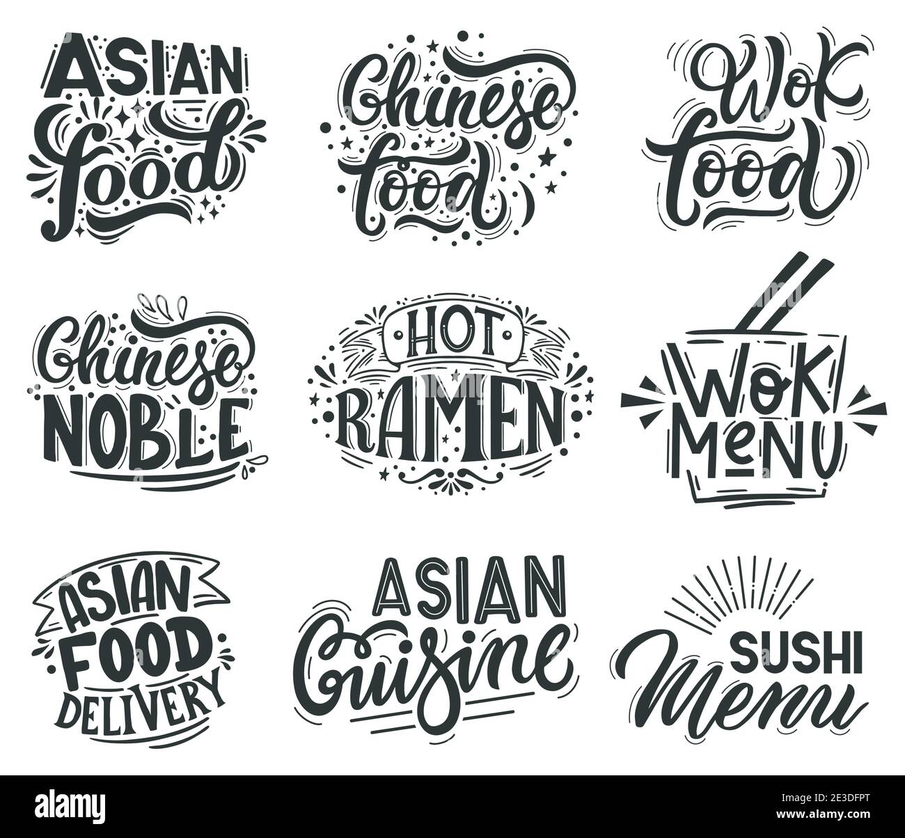 Asian wok. Noodle, ramen and wok cafe menu lettering quotes, asian  traditional food labels. Wok asian food vector illustration set Stock  Vector Image & Art - Alamy